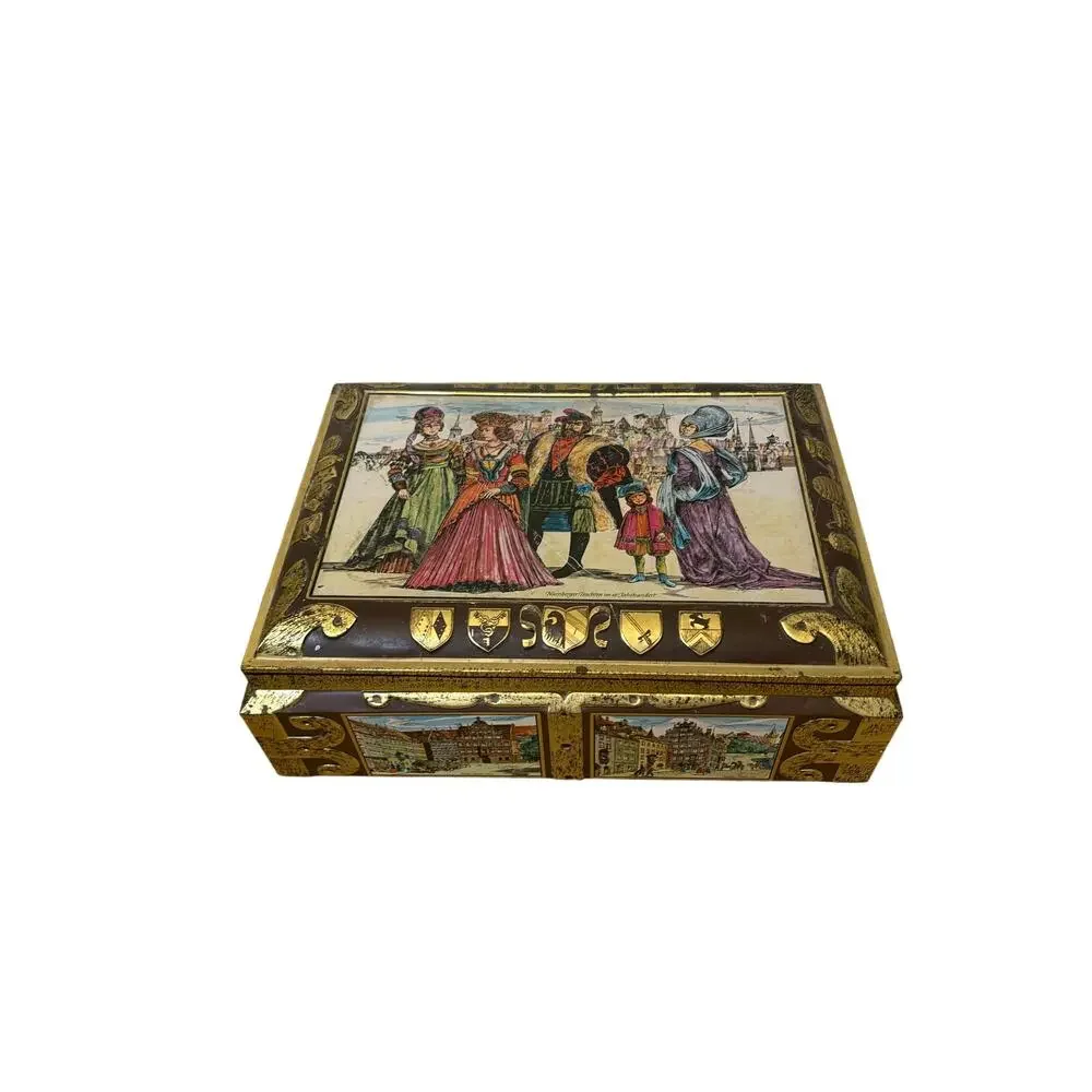 Vintage E. Otto Schmidt Nürnberg Germany Lebkuchen Tin Box Medieval Scenes 16”